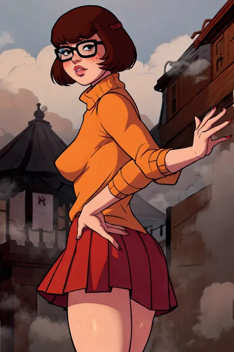 1girl, Velma from scooby-doo, solo, fat (fat body), brown hair, black eyes, square glasses, orange turtleneck blouse and red skirt,  eyeliner, looking at viewer, lips, black bob cut, blunt bangs, blush, standing, upper body, face focus, outdoors, horror (t...