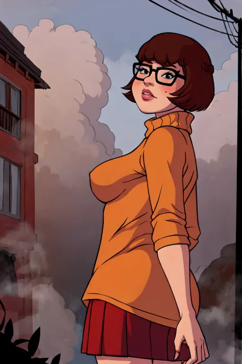 1girl, Velma from scooby-doo, solo, fat (fat body), brown hair, black eyes, square glasses, orange turtleneck blouse and red skirt,  eyeliner, looking at viewer, lips, black bob cut, blunt bangs, blush, standing, upper body, face focus, outdoors, horror (t...