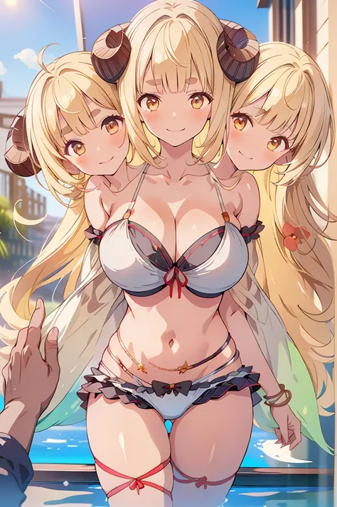 (3heads:1.3), 1girl, (anisum bikini:1.1), dynamic, pov, smile, v-shaped eyebrows, establish , tilt frame, blonde hair, horns, cute face, chubby, ((three headed girl)),