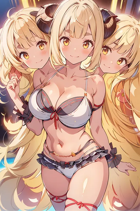 (3heads:1.3), 1girl, (anisum bikini:1.1), dynamic, pov, smile, v-shaped eyebrows, establish , tilt frame, blonde hair, horns, cute face, chubby, ((three headed girl)),