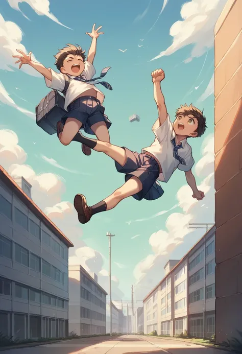 Hight school boy wearing cool uniform, jumping, school building background