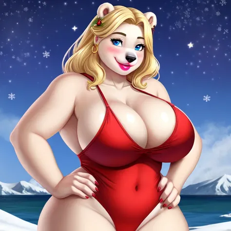 Blonde polar bear woman, wearing a Christmas one-piece bikini, perfect face, blue eyes, big breasts, cleavage, three-quarter view, solo, smile, perfect detailed body, pink lipstick, gold earring, hand on hips, blushing