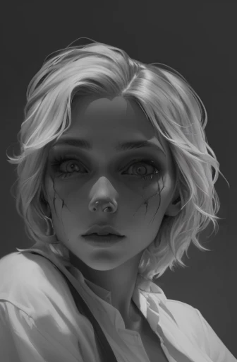 a drawing of a woman with blonde hair and a white shirt, humanoid portrait, mostly greyscale, greyscale, portrait of female humanoid, alien portrait, face of a pale alien cultist, portrait of a humanoid alien, female alien, shaded face, painting on grey sc...