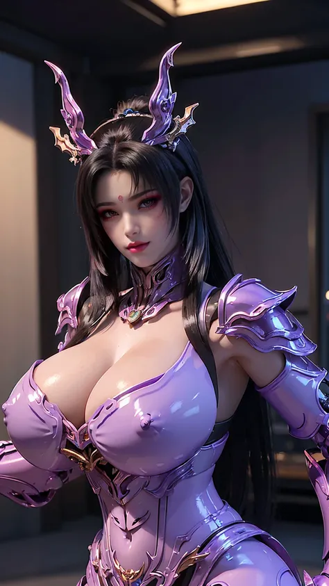 A BUSTY MILF, CLOSE UP UPPER BODY,SOLO, ((DRAGON MECHA HORN,BLACK HAIR)), (GIGANTIC FAKE BOOBIES,CLEAVAGE TOP,11 LINE ABS:1.5), ((WEARING OUTFIT PURPLE CRIMSON DRAGON MECHA SKIMPY ARMOR:1.5)), (MUSCULAR BODY SHAPE:1.5), (CLEAN GLOSSY BODYSKIN:1.5), (LOOKIN...