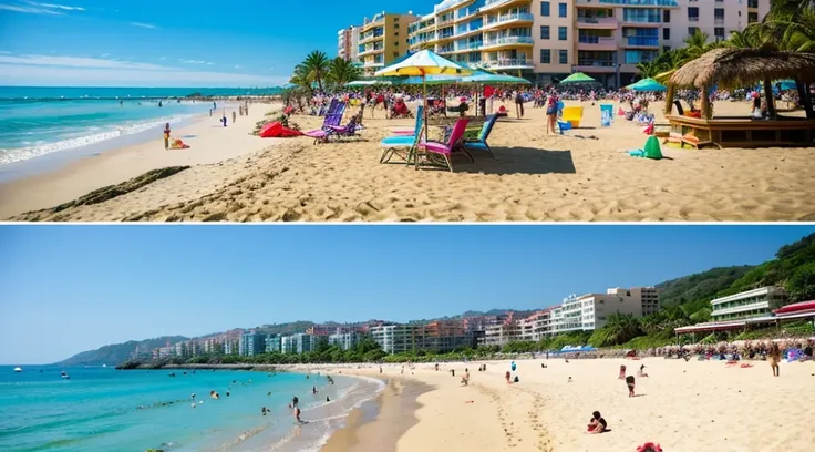 Beach, daytime, sunny, panning left to right, watercolor, lively, joyful Description: The camera pans slowly from left to right, capturing the lively scene of people enjoying themselves on the beach - children building sandcastles, families picnicking, and...