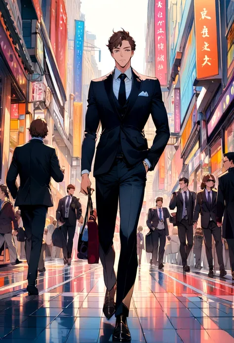 A stylish and sophisticated brown-haired man confidently strolling through a busy city in a stylish black suit.