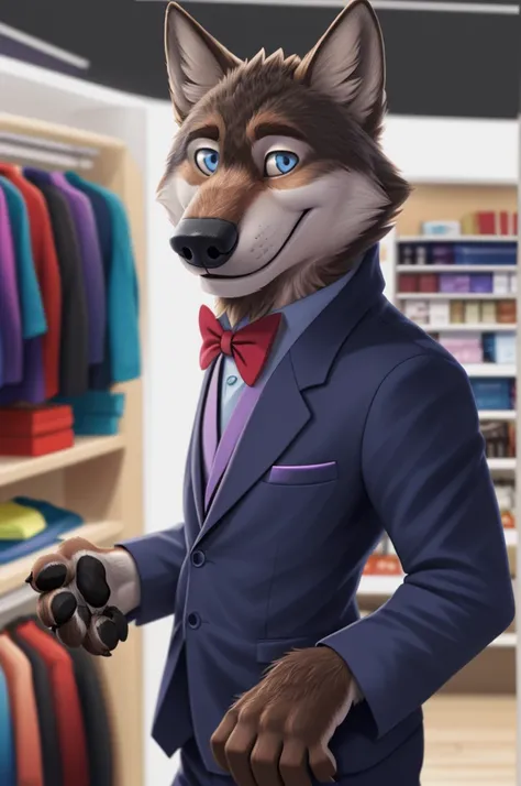 Larry (Zveropolis), wolf, gray fur, (brown body:1.3), beautiful blue eyes, Zveropolis, dressed,blazer,pink shirt,trousers,dresses, yellow bow tie, canine,wolf, Detailed fur, male, antro, paw pads, finger claws,dresses галстук бабочку, Plays,at viewer, 5 fi...