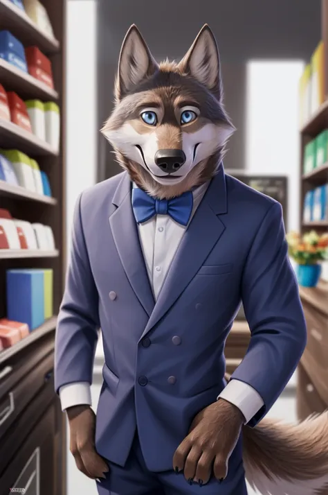 larry (zveropolis), wolf, gray fur, (brown body:1.3), beautiful blue eyes, zveropolis, dressed,blazer,pink shirt,trousers,dresse...