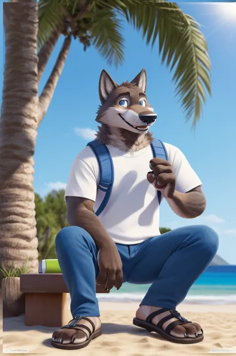 Larry (Zveropolis), wolf, gray fur, (brown body:1.3), beautiful blue eyes, Zveropolis, dressed,t-shirt,jeans,green sandals heels with a focus on feet for dogs, wolf, Detailed fur, male, Anthro, paw pads, finger claws,holding a backpack,At the viewer, 5 fin...