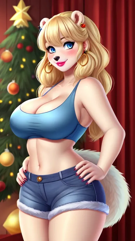 Blonde polar bear woman, wearing a Christmas crop top and jean shorts, perfect face, blue eyes, big breasts, cleavage, three-quarter view, solo, smile, perfect detailed body, pink lipstick, gold earring, hand on hips, blushing