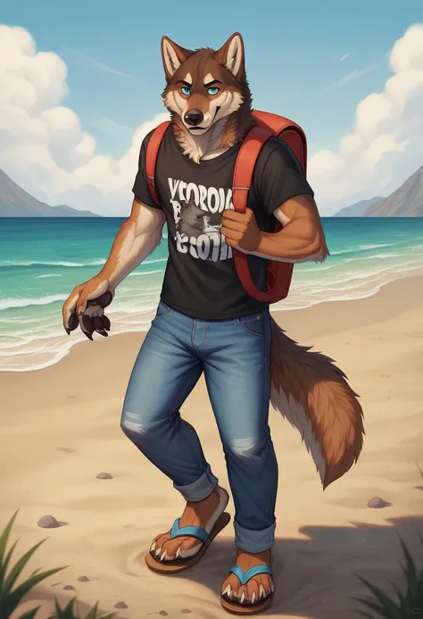 Larry (Zveropolis), wolf, gray fur, (brown body:1.3), Blue eyes, Zveropolis, dressed,t-shirt,jeans,sandals на каблуке,canine, wolf, Detailed fur, male, antro, paw pads, finger claws,holding a backpack,at viewer, 5 fingers, paws, 4 toes,coming,Sea, sand, cl...