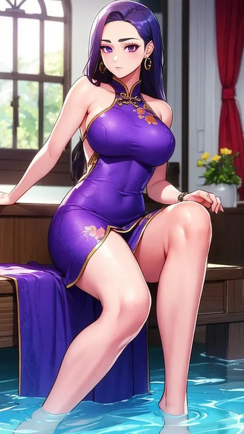 1 Girl，Bare Legs，Purple Hair，Long hair，solo，Sitting，Headdress，Facial Tagging，water，Jewelry，flower，Look at the audience，Forehead Mark，Cross your legs，curtain，Hair Bun，earrings，dress，Bare shoulders，Purple Eyes，Chinese clothes