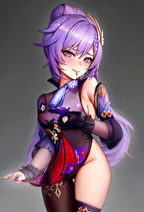 ((keqing from genshin impact)), long purple hair, big purple eyes, light blue metallic bikini, pinup style, sexy, submissive, minimalist, ((pov)), ((realistic)), ((licking lips)), minimalist, lonely, monochromatic color palette, soft lighting, ((submissive...