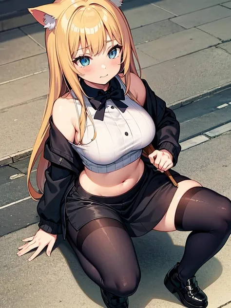 Anime girl with cat ears sitting on the floor, , anime girl squats, stomach, meat, cute anime cat girl, gracious, I look down shyly, she has a cute face, change, women&#39;s furry mini cute style, thick, (SFV) safe to work, gasped, no panties