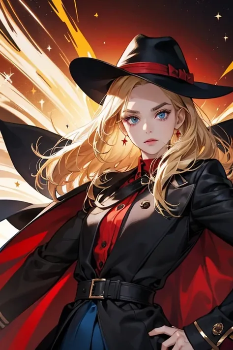 SHE has short, wild blond hair, black eyebrows, and drooping blue eyes. SHe wears a long black coat with red cuffs, a red shirt and black tie, red pants, and brown boots, as well as a small black hat. SPARKLE; GLITTER