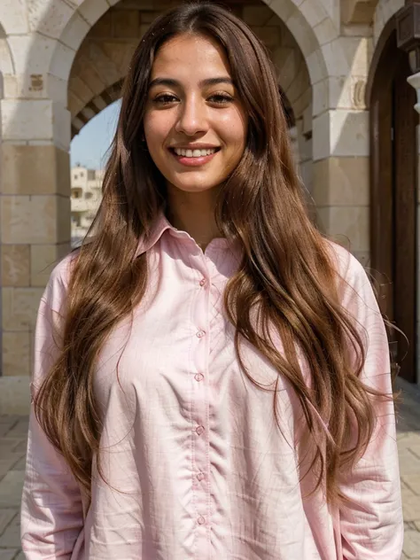 realistic Arab women, pink shirt, white teethes, cute smile, long brown hair