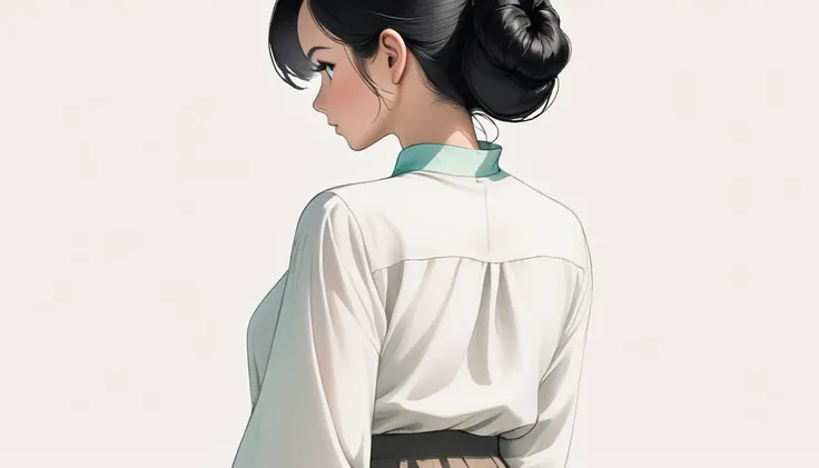 Back view of a 25-year-old Malaysian woman with black hair. White background, hair tied above the neck. Colored pencil drawing. white blouse. From head to foot. Whole body.