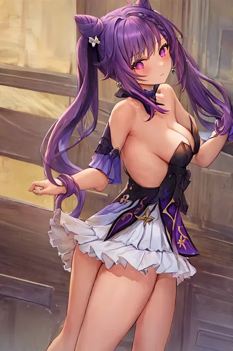 best quality, masterpiece, highres, solo, {keqing_genshin:1.15}, long_hair, purple_hair, purple_eyes, hair_bun, cone_hair_bun, twintails, bangs, double_bun, breasts, hair_ornament, blush, braid, medium_breasts, closed_mouth, 1girl, bare_shoulders, dress, l...