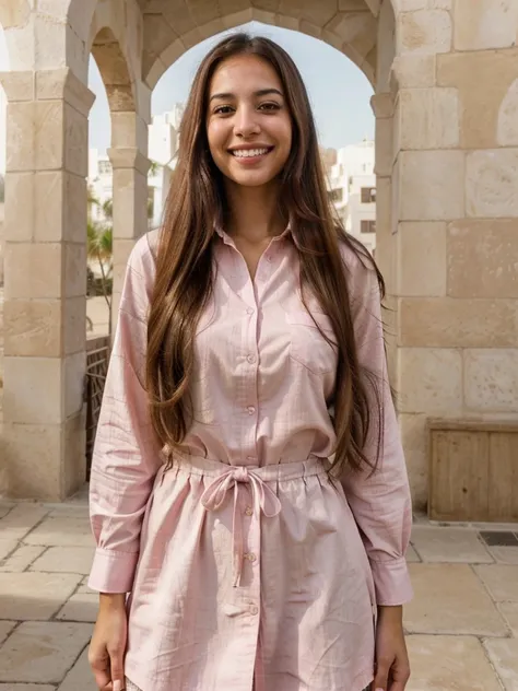 very high resolution, realistic Arab women, pink shirt, white teethes, cute smile, long brown hair