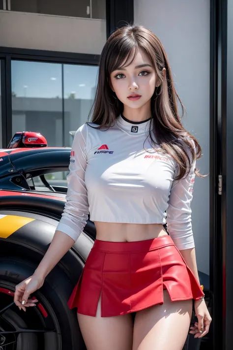 (masterpiece), ( MotoGP Racing Girls), (Eyeliner:0.5),(blush:0.5), Black Hair, A faint smile, Refers to a beautiful and delicate girl, Extremely detailed eyes and face, Beautiful and delicate eyes, , ((MOTOGP events)), (MotoGP track background), (best qual...