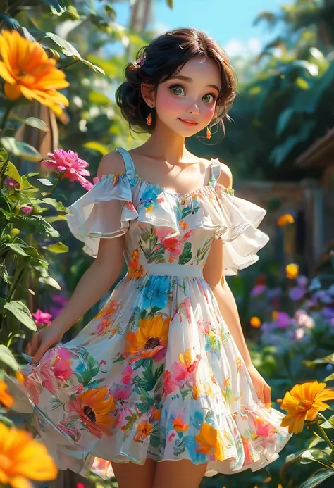 Adorable, Woman,big-eyed woman, round face. promenent lips. Smileing,In the garden,Her hands are behind her...., , large ass, wearing a cute sun dress. Picture from the side,looking at the scenes, intense colors, Very valuable details, complex details, vol...