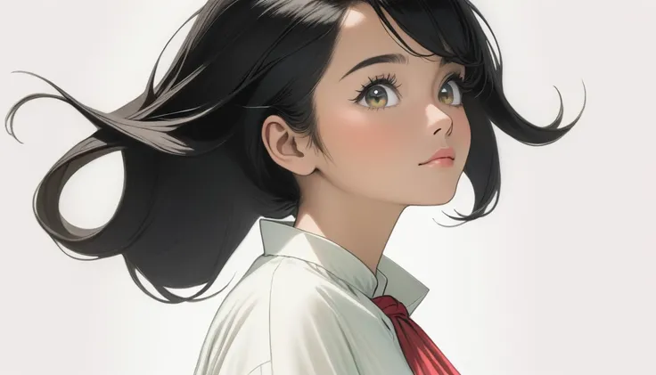 A 25-year-old black-haired Malaysian woman looking up from behind. White background, hair tied above the neck. Colored pencil drawing. white blouse. From head to foot. Whole body.