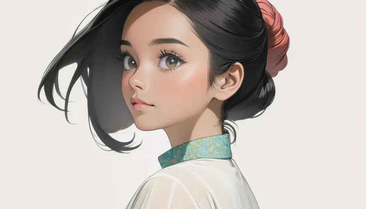 A 25-year-old black-haired Malaysian woman looking up from behind. White background, hair tied above the neck. Colored pencil drawing. white blouse. From head to foot. Whole body.