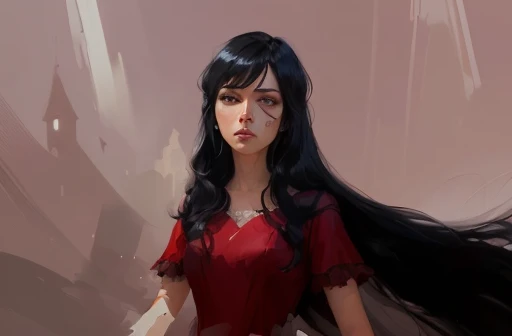 painting of a woman with long black hair in a red dress, speedpaint, an expressive digital painting, cartoon digital painting, speedpainting, expressive digital painting, digital paining, a digital painting, speed painting, digital painting, digtial painti...