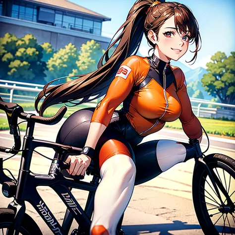 (masterpiece、Highest quality、High resolution、Highest quality、Realistic depiction)Created by older sister(whole body)、Brown hair ponytail、Beautiful Eyes、Keirin racer、uniform(orange)、Clothes that accentuate the body lines、tights、Big Breasts、valley、smile、Road...