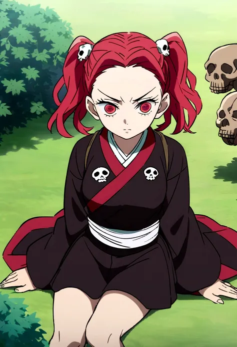 Captura de pantalla de Kimetsu No Yaiba, Women, with black and red hair, Red eyes, wearing a black kimono with skulls, very beautiful, whole body, serious face, sitting in a garden, big funny chest bags, anime, small skirt , about 22 years old, two pig tai...