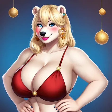 Blonde polar bear woman, wearing a Christmas bikini, perfect face, blue eyes, big breasts, cleavage, three-quarter view, solo, smile, perfect detailed body, pink lipstick, gold earring, hand on hips, blushing