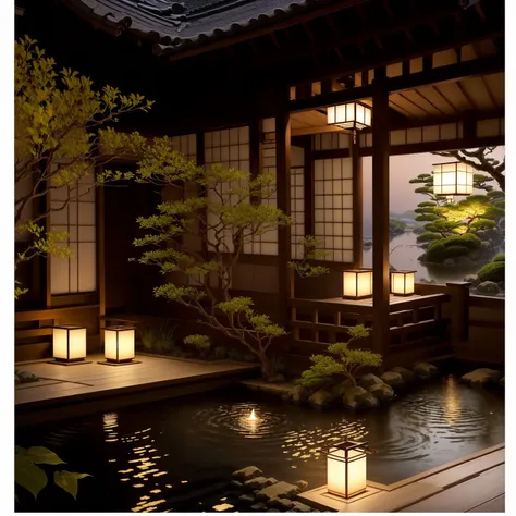 There is a table in the room，There are candles on it, Comfortable and peaceful atmosphere, Quiet and peaceful atmosphere, Peaceful evening atmosphere, Kyoto Inspired, Beautiful Ambience, Night atmosphere, Japanese Houses, very large windows，window open，Bea...