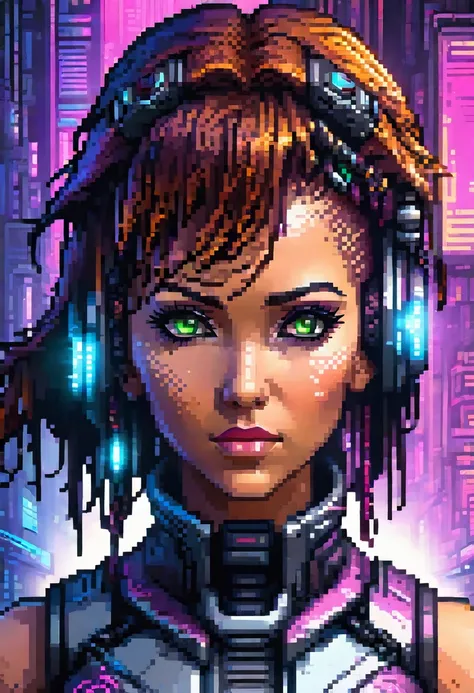 futuristic female, cyberpunk female, high resolution, absurderes(beautiful face and highly detailed eyes)Perfect Anatomia, good lighting, cinematic shadow, detailed back ground, Action game user interface, dots game, pixel art, 8 bits pixel art, player sel...