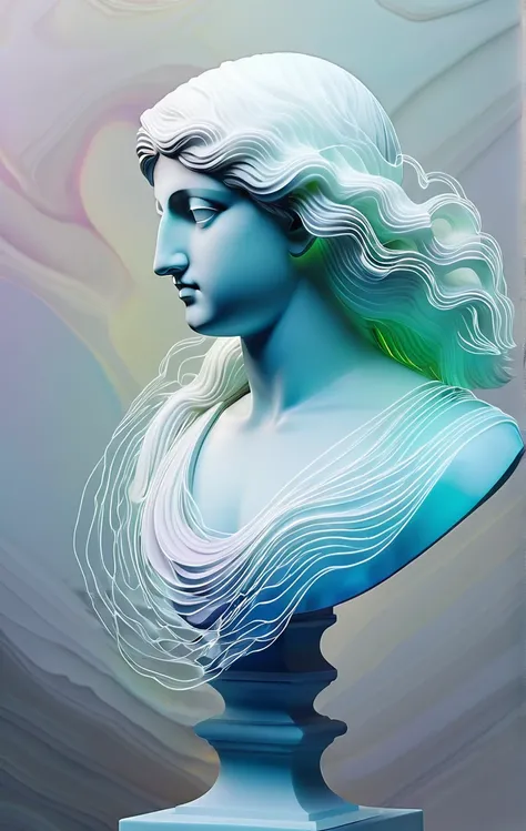 (bright dichroic lines:2), a greek marble bust, (long billowing hair:1.4), foggy, hazy, blurry geometric gradients background