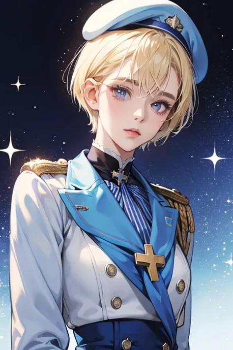 SHE has short blond hair and violet eyes . SHe wears a light blue military uniform with a cross neck-charm on the jacket, and sometimes wears a white beret on hERhead. SPARKLE; GLITTER