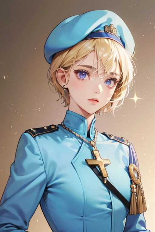 SHE has short blond hair and violet eyes . SHe wears a light blue military uniform with a cross neck-charm on the jacket, and sometimes wears a white beret on hERhead. SPARKLE; GLITTER