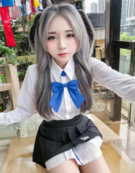 Araya, 1 girl, alone, long hair, blue eyes, Ahoge, bow, look at viewer, red bow, shirtแจ็กเกต, bowtie, long sleeve, chest, shirt, open shirtแจ็กเกต, red bowtie, door, Cowboy Shot, collared shirt, indoors, setนักเรียน, white hair, stand, เปิดshirtผ้า, skirt...