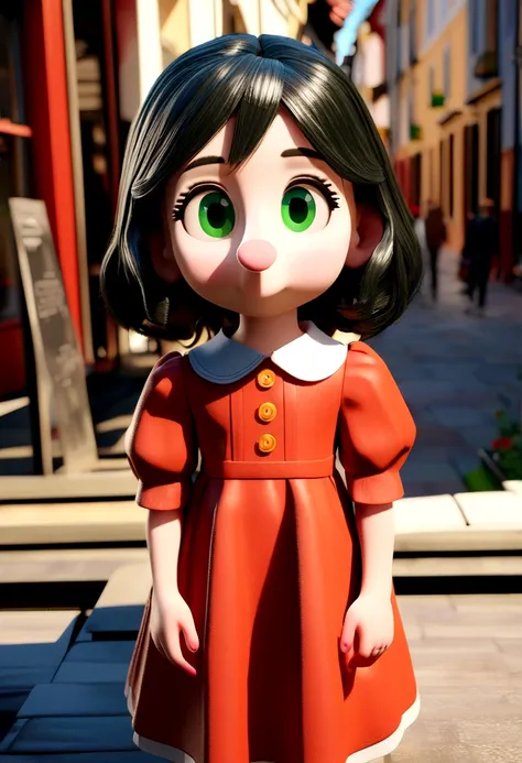 5-year-old woman, brunette, fair skin, long black hair, large green eyes, medium nose, not very full mouth, wearing a red blouse with orange details style 3d pixar art