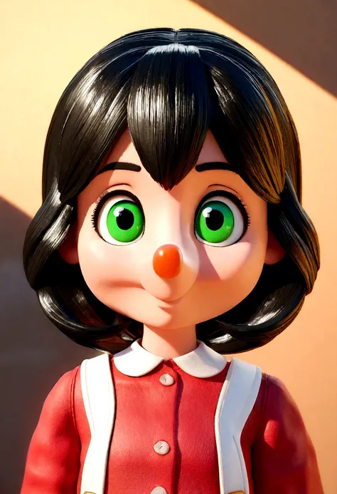 5-year-old woman, brunette, fair skin, long black hair, large green eyes, medium nose, not very full mouth, wearing a red blouse with orange details style 3d pixar art