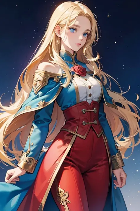 SHE has shoulder-length blond hair and blue eyes, . SHe wears a long blue coat and matching capelet, with red pants and brown boots. SHe is often depicted with a rose  SPARKLE; GLITTER