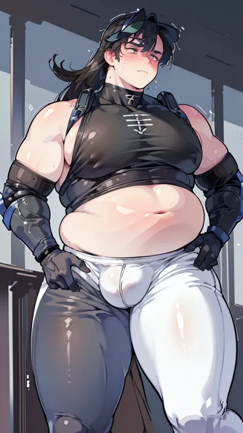 ((masterpiece, 4k quality, highly detailed)), cybernetic legs, visor, long hair, neon highlights, big belly, fat belly, ((android boy)), ((solo male)), exposed belly, blushing, sweating, ((sci-fi)), choker, cyberpunk clothes, skimpy clothes, soft skin, whi...