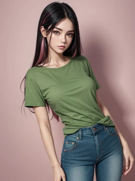 girl 25 years old, portrait, Medium breasts, slim, long black hair with pink highlights, bang, Is it juniper, hot, Soft or colored lips, Russian, short green shirt, loose jeans, simple background, flat colors, perfect hands, Ideal Anatomy,

