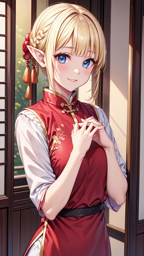 Very close、((Focus on the upper body))、(((16K、masterpiece、High resolution、High resolution)))、1 young elven girl))、((Beautiful blonde))、short hair、((Beautiful Blue Eyes))、((Pointy Ears))、、Smiling Kindly、Grin、blush、Pink Lip Gloss,((Bright red Chinese clothin...