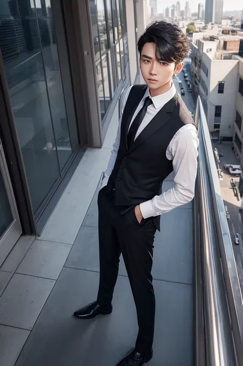 Male character with small white pointy hair, wearing a formal shirt, a closed black vest, a tie and from the back looking from the top of a building on the balcony