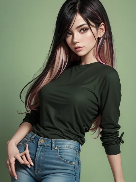 young woman, 30 years, portrait, Medium breasts, slim, long black hair with pink highlights, bang, Is it juniper, hot, Soft or colored lips, Russian, short green shirt, loose jeans, simple background, flat colors, perfect hands, Ideal Anatomy,

