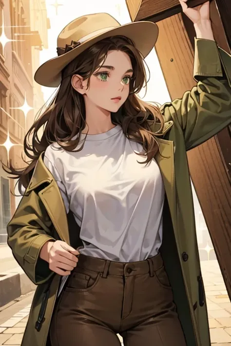 SHE has brown hair, green eyes, and olive skin. SHe wears a brown jacket, with brown pants and a white t-shirt. SHe occasionally wears a brown hat. She is shown to carry a giant cross,  SPARKLE; GLITTER