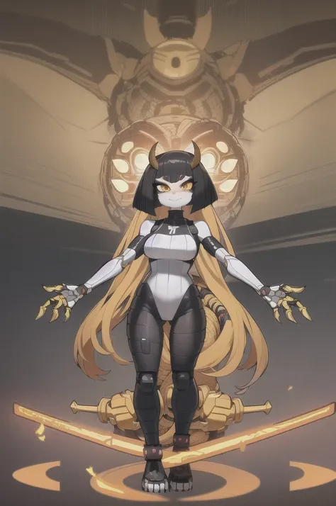 (masterpiece, ultra high quality), (standing), (full body), (1girl), (solo), (female focus), (Furry), (Anime art style), (Singular, large horn on the left side of her head), (half human/half snake hybrid female), (Messy bob-cut with bangs), (big eyebrows),...