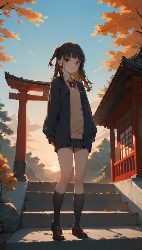 one girl, (sunset sky), standing and waving, school area, countryside landscape, scenery, school cardigan, (sleeves are longer t...