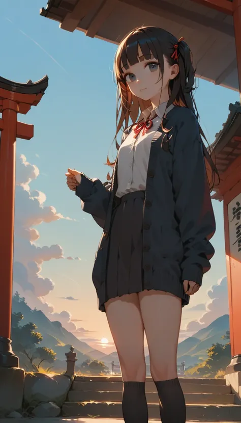 one girl, (sunset sky), standing and waving, school area, countryside landscape, scenery, school cardigan, (sleeves are longer t...