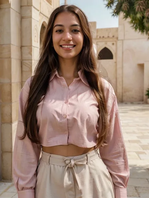 very high resolution, realistic Arab women, pink shirt, white teethes, cute smile, long brown hair, realistic facial details, modest, white skin